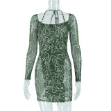 Tight fitting dress with printed mesh and patchwork sleeves and buttocks skirt