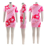 Polo collar floral print dress with lapel and waistband skirt