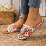 Round toe flat bottomed printed colorful pearl glossy slippers