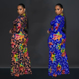 Vintage printed high elasticity tight fitting long dress