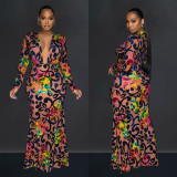 Vintage printed high elasticity tight fitting long dress