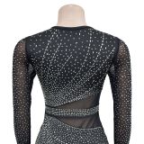 Solid mesh hot diamond long sleeved short skirt dress