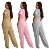 Thickened cotton short sleeved pleated T-shirt loose wide leg pants two-piece set