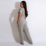 Thickened cotton short sleeved pleated T-shirt loose wide leg pants two-piece set