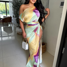 Diagonal shoulder tie dyed high slit dress