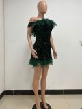 Sequin Backless Beach Skirt Off Shoulder Feather Spicy Girl Wrap Hip Dress