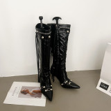 Pointed long boots, high heels, rivet locomotive boots, side zipper, long tube