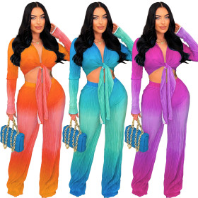 Gradient deep V long sleeved pants two-piece set