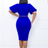 Bubble sleeved V-neck buttocks wrapped professional OL temperament Tongle dress