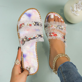 Round nosed butterfly pearl colorful slippers