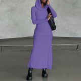 Hooded back split solid color dress