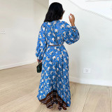 Positioning printed pleated long sleeved dress
