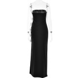 One line neck strapless dress with bow stitching and open back long skirt