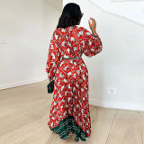 Positioning printed pleated long sleeved dress