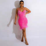 V-neck hot diamond feather dress with straps