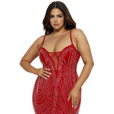 Hanging strap wrap buttocks A-line dress with diamond ironing party