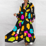 Printed pullover with color stitching Long sleeved large hem dress
