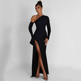 Long sleeved diagonal collar dress with open back and high slit long skirt