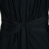 Deep V-neck long sleeved dress with high split pleats