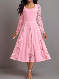 Elegant and minimalist square neck lace patchwork long sleeved dress