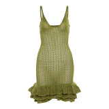 Hollow out wooden ear edge knitted strap wrap hip dress