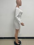 Solid Backless Pleated Wrapped Hip Dress One Shoulder Long Sleeve Ribbon Dress