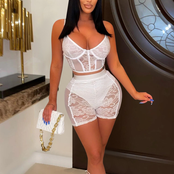Solid lace sleeveless shorts two-piece set