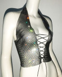 Top drawstring vest with adjustable fishing net and rhinestone top