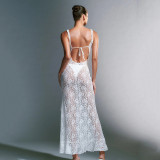 Lace strap patchwork open back long buttocks skirt