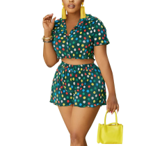 Lapel printed pleated short sleeved shorts two-piece set