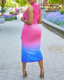 Colorful gradient pleated slit tight skirt