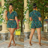 Lapel printed pleated short sleeved shorts two-piece set