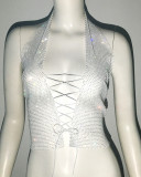 Top drawstring vest with adjustable fishing net and rhinestone top