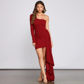 Solid Backless Pleated Wrapped Hip Dress One Shoulder Long Sleeve Ribbon Dress