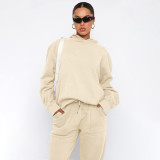 Solid color hooded long sleeved sweater casual pants set
