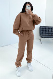 Solid color long sleeved hooded plush sweater casual pants set