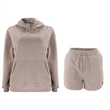 Solid color hooded long sleeved sweater casual pants set