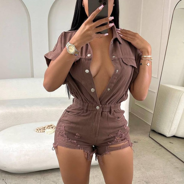 Waist buckle with holes and tight fitting Jumpsuit shorts