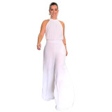 Sleeveless backless high waisted solid color straight tube jumpsuit