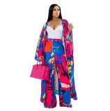Two piece set of printed cardigan with long sleeves and wide leg pants