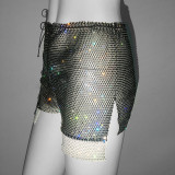 Drawstring high waisted rhinestone fishing net shorts