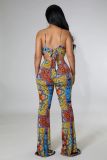 Leisure ethnic style floral dew back jumpsuit