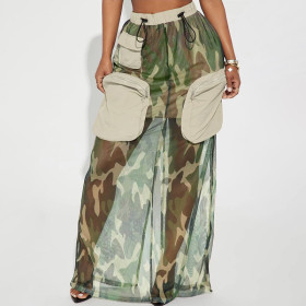 Camo printed high waisted drawstring patchwork pocket loose street work style skirt