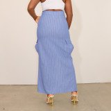 Casual striped pocket zippered long skirt
