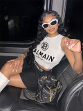 Letter printed vest T-shirt pleated short skirt two-piece set