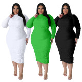 Solid color tight bubble long sleeved dress, fat woman outfit