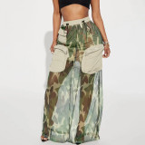 Camo printed high waisted drawstring patchwork pocket loose street work style skirt