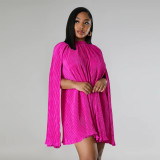 Solid color pleated shawl sleeve dress