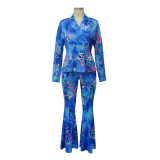V-neck long sleeved flare pants suit two-piece set