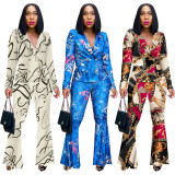 V-neck long sleeved flare pants suit two-piece set